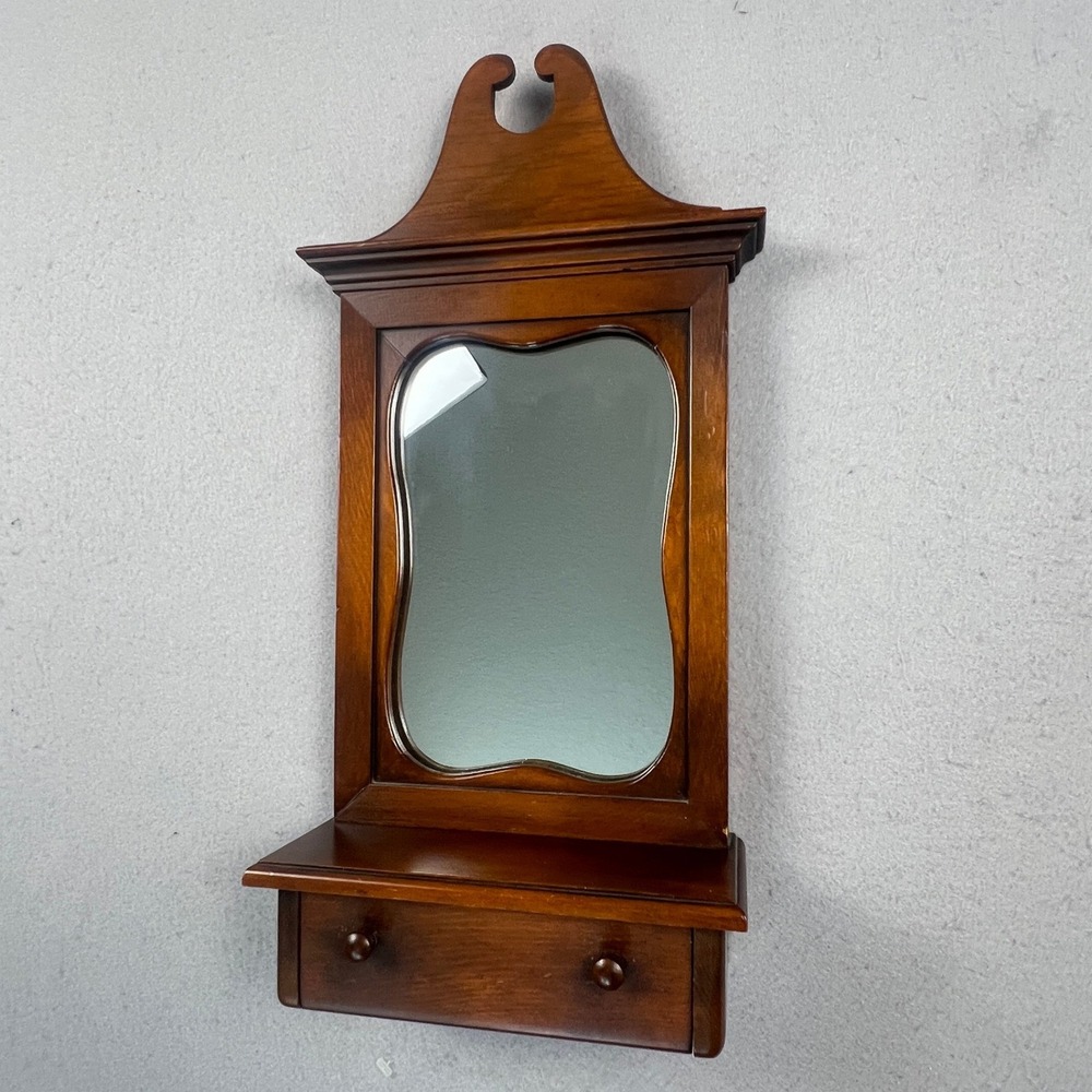 Vintage Wood Wall Mirror Shelf Drawer Brown Colonial Farmhouse Entryway Decor